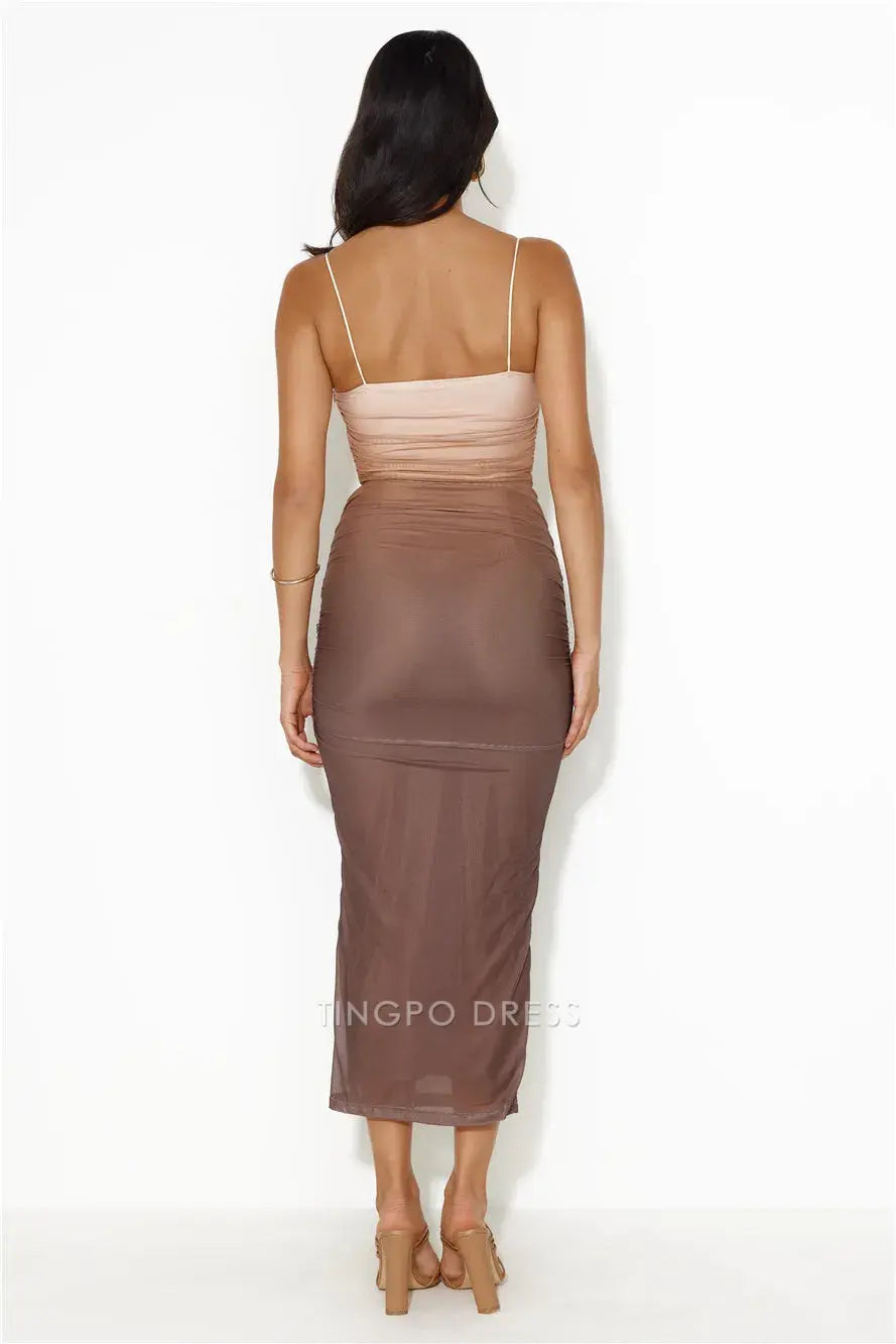 Elegant Ombre Mesh Ruched Midi Dress Prom Dress